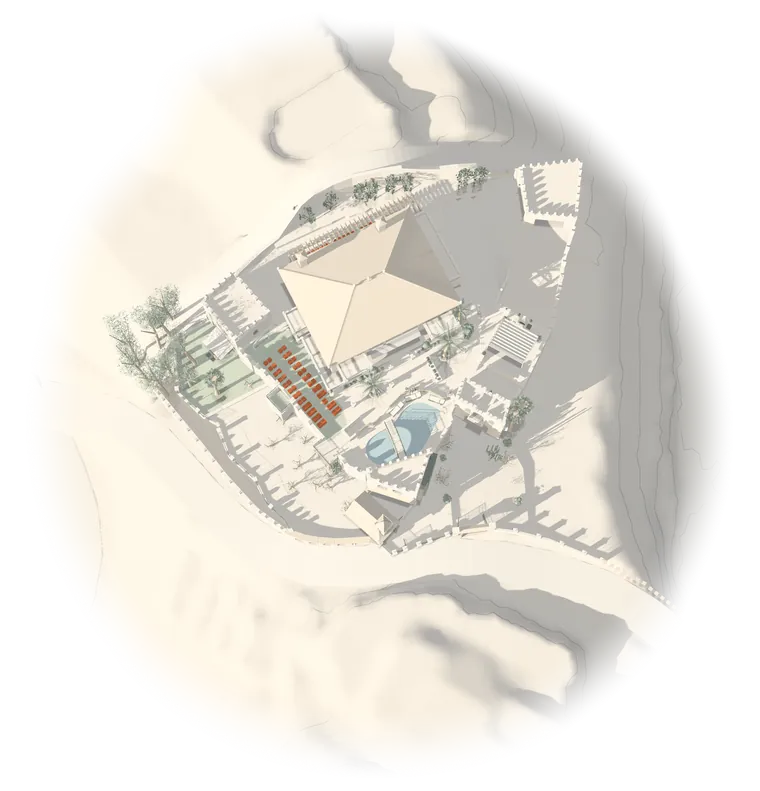 Бумажная модель замка в свете шести часов вечера: дом, зубчатые стены, бассейн и ряды стульев для церемонии на газоне